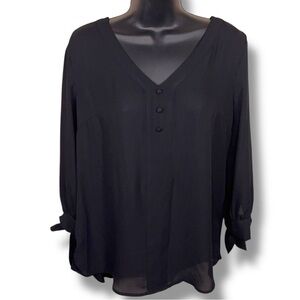 Small Fortune And Ivy Black Blouse Vneck 3/4 Sleeve Tie Accent Stretch Back